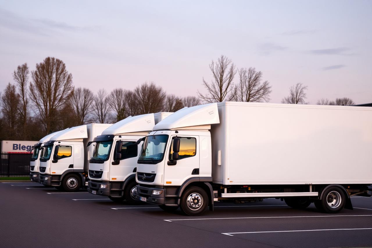 Vrachtwagens van een Nederlands transportbedrijf gereed voor vertrek